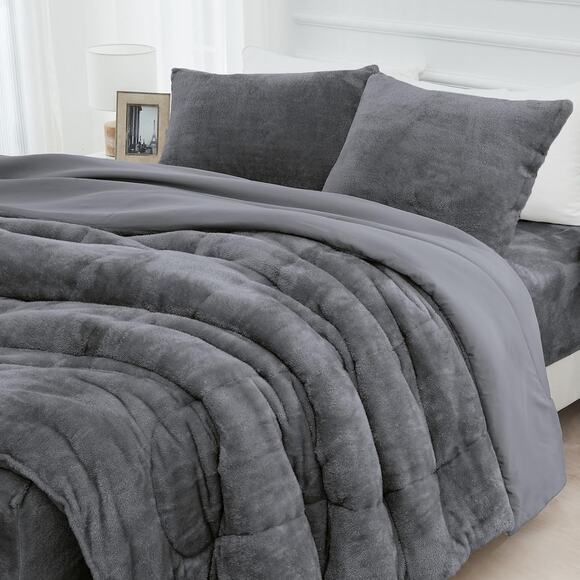 HCORA Other - Faux Fur Comforter Set with Fitted Sheet - Luxury Ultra Soft Fluffy Fuzzy Queen